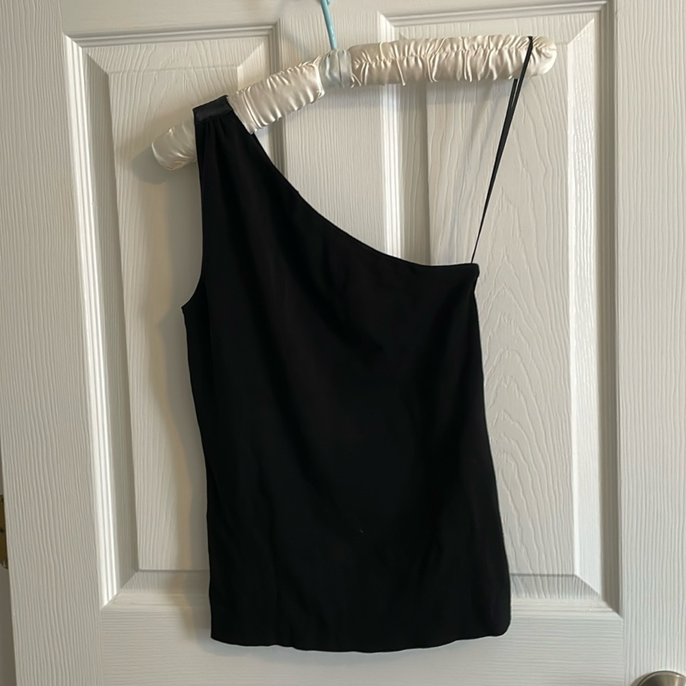One shoulder sleeveless stretch top. Fine gauge knit. 22" long. Black